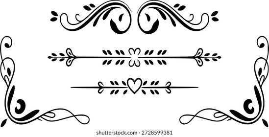 Conjunto de Vector de adorno floral con florituras y remolinos decorativos, elegantes separadores de página negros y bordes de esquina, Elementos de diseño de invitación de Boda, íconos gráficos de filigrana Antiguas