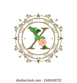 Floral ornament with vintage decorative elements. Vector Hand Drawn floral uppercase letter monogram or logo. Uppercas Letter  X with Flowers and Branches. Floral Design for branding.