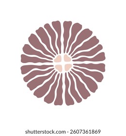 Floral ornament with wavy, elongated petals forming a symmetrical circular shape. Trendy naive illustration