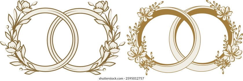 Floral Ornament Wedding Rings Vector. Elegant rings with floral decor for wedding cards. Vector illustration