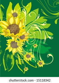 Floral ornamental background with sunflowers, vector illustration series.