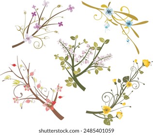 Floral ornamental branch designs vector set, floral design elements. Spring and summer concept.	