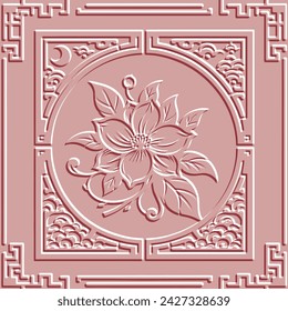 Floral ornamental chinese style emboss flowers 3d seamless pattern with frames, borders. Surface beautiful light pink textured vector background. Repeat relief backdrop. Embossed  flowers ornaments.