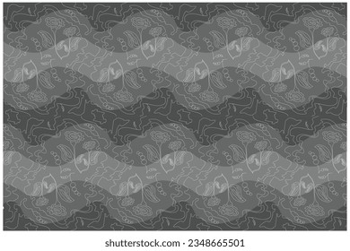 Patrón floral ornamental fresco. Línea blanca sobre fondo gris, tonal 3 olas. Textura de pared y tela