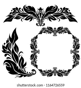 Floral ornamental decorations. Black filigree elements isolated on white background. Vector illustration