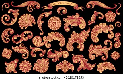 Floral ornamental decorative calligraphic filigree elements. Design set. Editable hand drawn illustration. Vector vintage engraving. Isolated on black background. 8 EPS