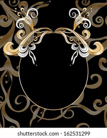  floral ornamental decorative frame with pink flowers on gold background in art nouveau stile