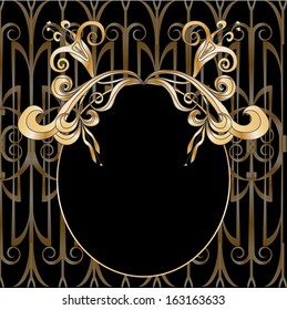  floral ornamental decorative frame with pink flowers on gold background in art nouveau stile