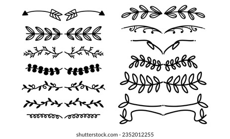 Floral ornamental doodle dividers, vintage hand drawn tribal arrow and calligraphic deco border vector set isolated on white background. Vector Illustration EPS 10