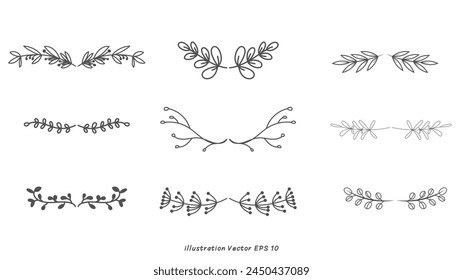 Floral ornamental doodle dividers, vintage hand drawn tribal arrow and calligraphic deco border vector set isolated on white background. Vector Illustration EPS 10