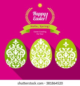 Floral ornamental eggs for spring design. Bright element for Happy Easter greeting. Hipster label. Traditional vintage decor for invitations, cards, print, web. Illustration for Holiday's template.