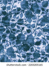 floral ornamental flowers pattern in indigo and denim color and texture. vintage and ethnic elements in tie dye modern style  