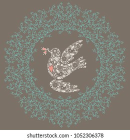 Floral ornamental frame of bell flower plant and white flying bird silhouette on brown background.