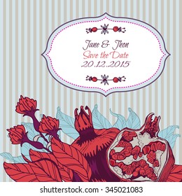 Floral ornamental illustration in vector format. Pomegranate postcard, banner or lable