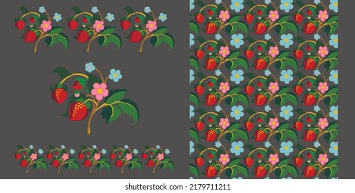 Floral ornamental pattern. Strawberries with fruits and flowers on a colored background . Vector illustration for banners, postcards, flyers, wallpapers for social networks, textiles, tablecloths, nap