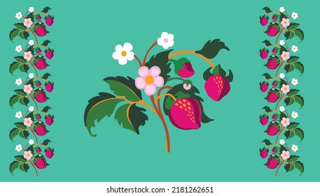 Floral ornamental pattern. Strawberries with fruits and flowers on a colored background . Vector illustration for banners, postcards, flyers, wallpapers for social networks, textiles, tablecloths, nap