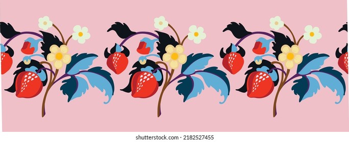 Floral ornamental pattern. Strawberries with fruits and flowers on a colored background . Vector illustration for banners, postcards, flyers, wallpapers for social networks, textiles, tablecloths, nap