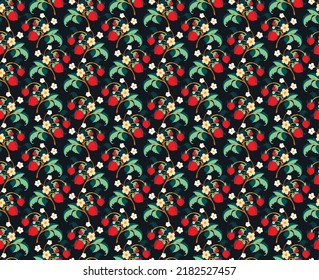 Floral ornamental pattern. Strawberries with fruits and flowers on a colored background . Vector illustration for banners, postcards, flyers, wallpapers for social networks, textiles, tablecloths, nap
