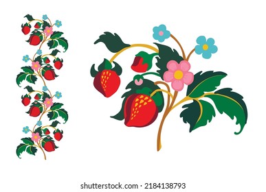 Floral ornamental pattern. Strawberries with fruits and flowers on a colored background . Vector illustration for banners, postcards, flyers, wallpapers for social networks, textiles, tablecloths, nap