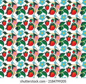 Floral ornamental pattern. Strawberries with fruits and flowers on a colored background . Vector illustration for banners, postcards, flyers, wallpapers for social networks, textiles, tablecloths, nap