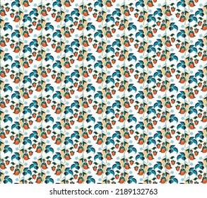 Floral ornamental pattern. Strawberries with fruits and flowers on a colored background . Vector illustration for banners, postcards, flyers, wallpapers for social networks, textiles, tablecloths, nap