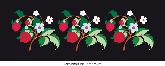 Floral ornamental pattern. Strawberries with fruits and flowers on a colored background . Vector illustration for banners, postcards, flyers, wallpapers for social networks, textiles, tablecloths, nap