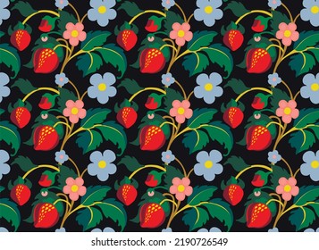 Floral ornamental pattern. Strawberries with fruits and flowers on a colored background . Vector illustration for banners, postcards, flyers, wallpapers for social networks, textiles, tablecloths, nap