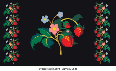 Floral ornamental pattern. Strawberries with fruits and flowers on a colored background . Vector illustration for banners, postcards, flyers, wallpapers for social networks, textiles, tablecloths, nap
