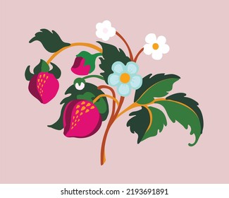 Floral ornamental pattern. Strawberries with fruits and flowers on a colored background . Vector illustration for banners, postcards, flyers, wallpapers for social networks, textiles, tablecloths, nap