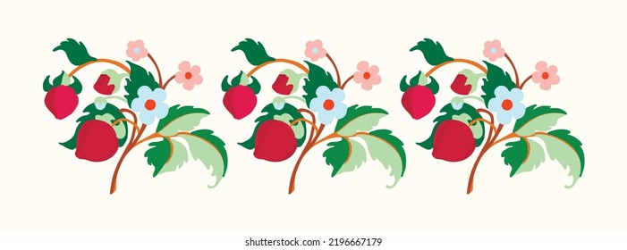 Floral ornamental pattern. Strawberries with fruits and flowers on a colored background . Vector illustration for banners, postcards, flyers, wallpapers for social networks, textiles, tablecloths