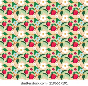 Floral ornamental pattern. Strawberries with fruits and flowers on a colored background . Vector illustration for banners, postcards, flyers, wallpapers for social networks, textiles, tablecloths