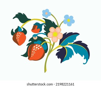 Floral ornamental pattern. Strawberries with fruits and flowers on a colored background . Vector illustration for banners, postcards, flyers, wallpapers for social networks, textiles, tablecloths, nap