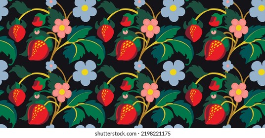 Floral ornamental pattern. Strawberries with fruits and flowers on a colored background . Vector illustration for banners, postcards, flyers, wallpapers for social networks, textiles, tablecloths, nap