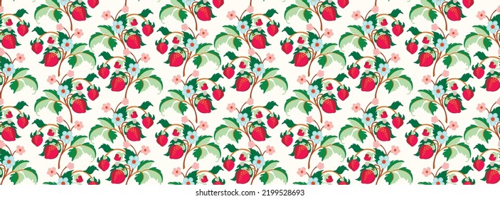 Floral ornamental pattern. Strawberries with fruits and flowers on a colored background . Vector illustration for banners, postcards, flyers, wallpapers for social networks, textiles, tablecloths, nap