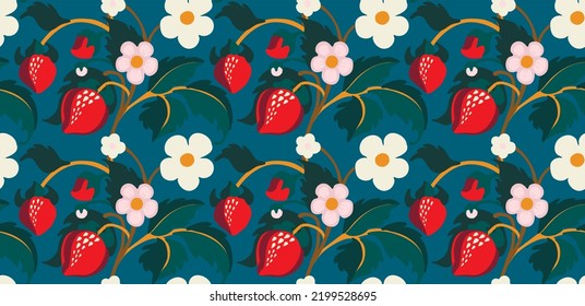 Floral ornamental pattern. Strawberries with fruits and flowers on a colored background . Vector illustration for banners, postcards, flyers, wallpapers for social networks, textiles, tablecloths, nap