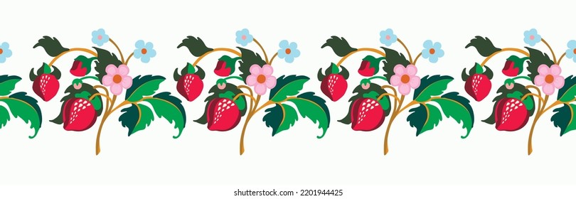 Floral ornamental pattern. Strawberries with fruits and flowers on a colored background . Vector illustration for banners, postcards, flyers, wallpapers for social networks, textiles, tablecloths, nap