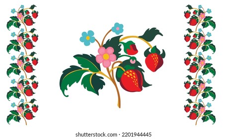 Floral ornamental pattern. Strawberries with fruits and flowers on a colored background . Vector illustration for banners, postcards, flyers, wallpapers for social networks, textiles, tablecloths, nap