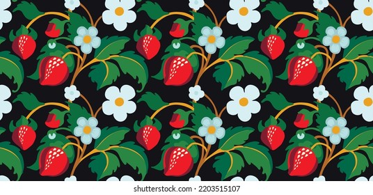 Floral ornamental pattern. Strawberries with fruits and flowers on a colored background . Vector illustration for banners, postcards, flyers, wallpapers for social networks, textiles, tablecloths, nap