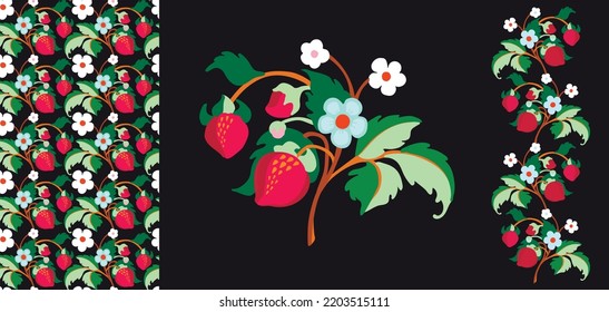 Floral ornamental pattern. Strawberries with fruits and flowers on a colored background . Vector illustration for banners, postcards, flyers, wallpapers for social networks, textiles, tablecloths, nap