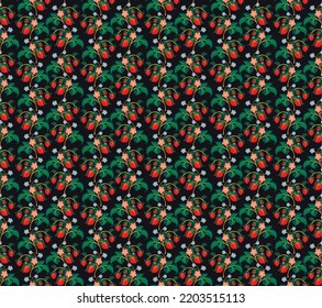 Floral ornamental pattern. Strawberries with fruits and flowers on a colored background . Vector illustration for banners, postcards, flyers, wallpapers for social networks, textiles, tablecloths, nap