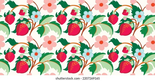 Floral ornamental pattern. Strawberries with fruits and flowers on a colored background . Vector illustration for banners, postcards, flyers, wallpapers for social networks, textiles, tablecloths, nap