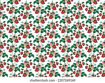 Floral ornamental pattern. Strawberries with fruits and flowers on a colored background . Vector illustration for banners, postcards, flyers, wallpapers for social networks, textiles, tablecloths, nap