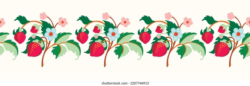 Floral ornamental pattern. Strawberries with fruits and flowers on a colored background . Vector illustration for banners, postcards, flyers, wallpapers for social networks, textiles, tablecloths, nap
