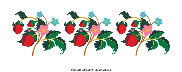 Floral ornamental pattern. Strawberries with fruits and flowers on a colored background . Vector illustration for banners, postcards, flyers, wallpapers for social networks, textiles, tablecloths, nap
