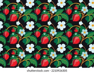 Floral ornamental pattern. Strawberries with fruits and flowers on a colored background . Vector illustration for banners, postcards, flyers, wallpapers for social networks, textiles, tablecloths, nap
