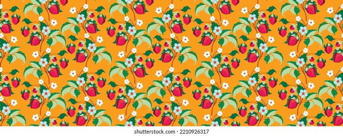 Floral ornamental pattern. Strawberries with fruits and flowers on a colored background . Vector illustration for banners, postcards, flyers, wallpapers for social networks, textiles, tablecloths, nap