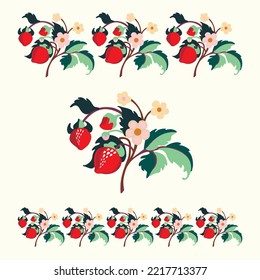 Floral ornamental pattern. Strawberries with fruits and flowers on a colored background . Vector illustration for banners, postcards, flyers, wallpapers for social networks, textiles, tablecloths, nap