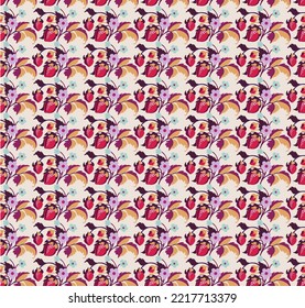 Floral ornamental pattern. Strawberries with fruits and flowers on a colored background . Vector illustration for banners, postcards, flyers, wallpapers for social networks, textiles, tablecloths, nap