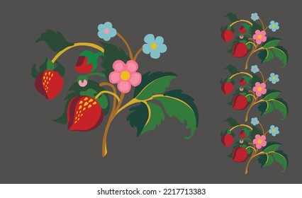Floral ornamental pattern. Strawberries with fruits and flowers on a colored background . Vector illustration for banners, postcards, flyers, wallpapers for social networks, textiles, tablecloths, nap