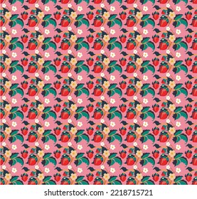 Floral ornamental pattern. Strawberries with fruits and flowers on a colored background . Vector illustration for banners, postcards, flyers, wallpapers for social networks, textiles, tablecloths, nap